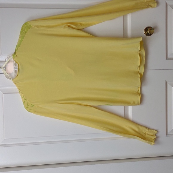 Oilily Lightweight LS Ruffle Cuff Drape V-Neck Yellow Green Floral Graphic Top - Picture 11 of 12
